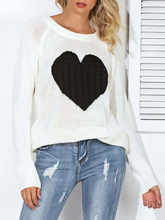 Heart Printed Crew Neck Knitted Long Sleeve Sweaters