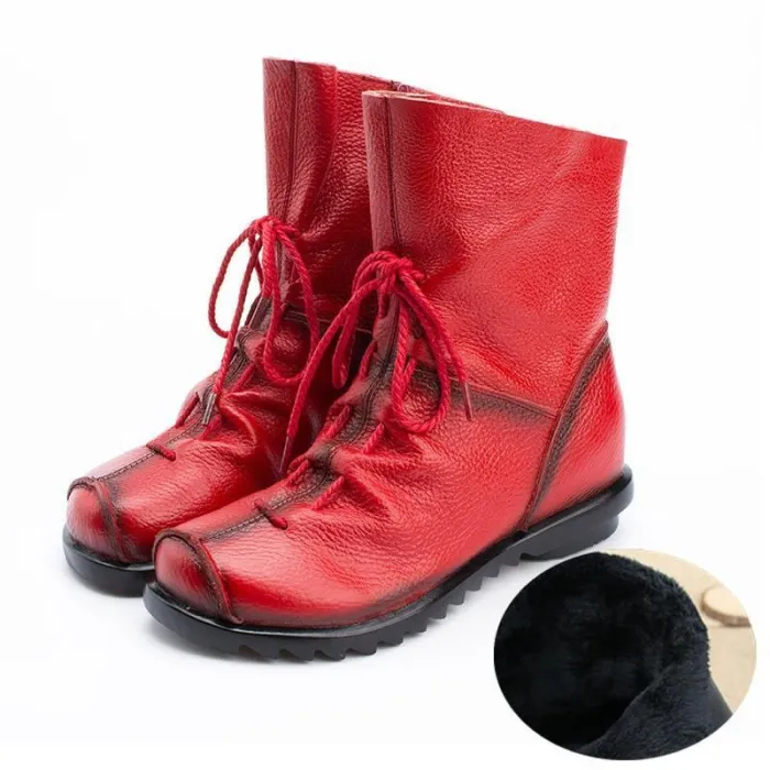 Big Size Pure Color Lace Up Ankle Leather Comfortable Zipper Boots