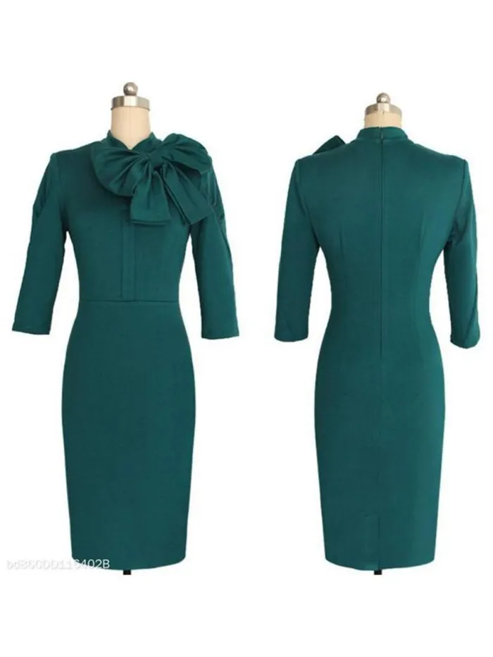 Elegant Round Neck Bow Slim Bodycon Dress