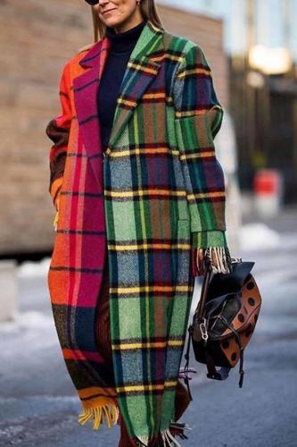 Fashion Lapel Collar Check Color Blocking Long Coat