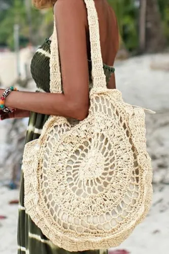 Women's Floral Handmade Zipper Woven Straw Tote Bag