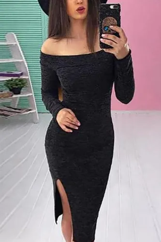 Off Shoulder  Side Slit  Bust Darts  Plain Bodycon Dresses