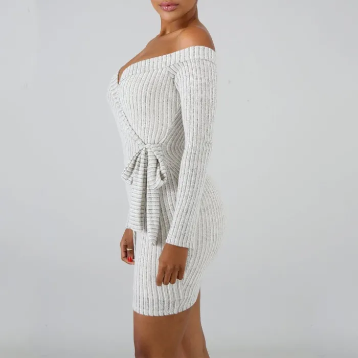 Casual Sexy V Neck Off   The Shoulder Knitted Sweater Mini Dresses