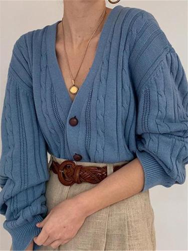 Casual Women's V-Neck Solid Color Knit Cardigan