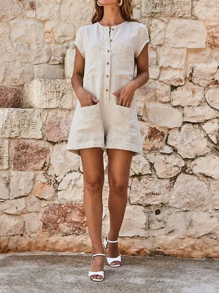 Round Neck Short Sleeve Plain Patch Pocket Playsuits Jumpsuits