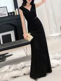 Fashion Elegant V Neck Pure Colour Sling Evening Dress