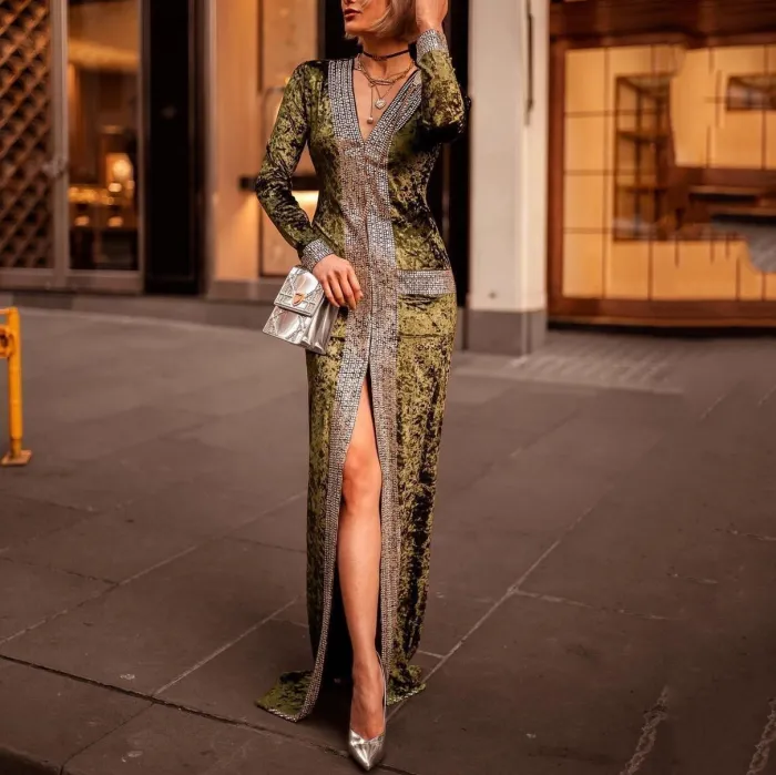 Elegant Fashion Slim Color Block Long Sleeve Fork Evening Dress