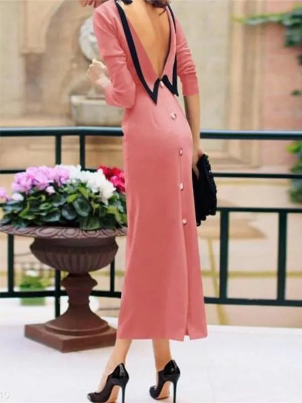 Elegant Fashion Noble Slim Plain Back-Button Long Sleeve Evening Dress