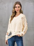 V Neck Casual Long Sleeve Ripped Sweaters