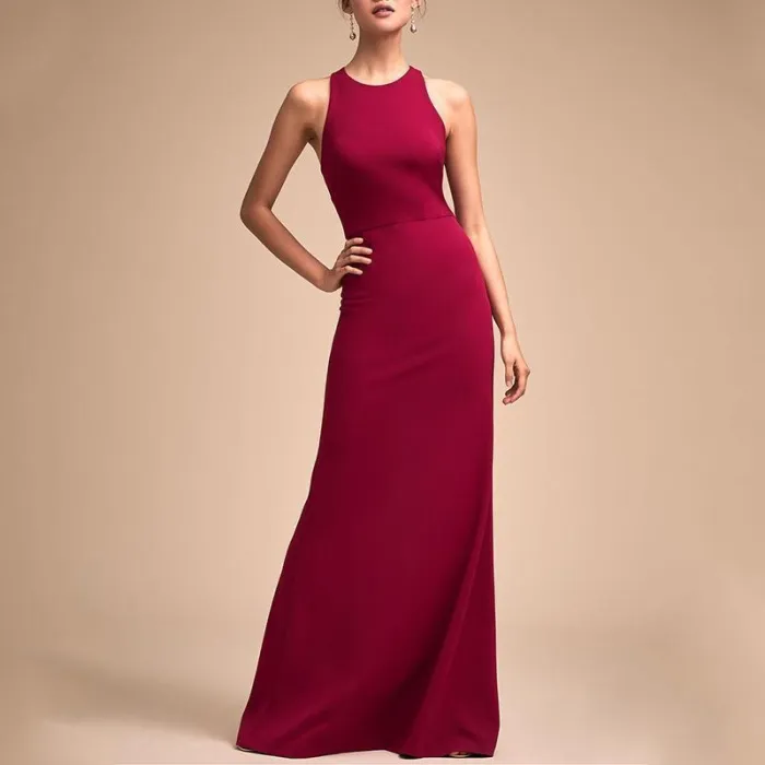 Fashion Bare Back Across Sleeveless Pure Colour Evening Dress