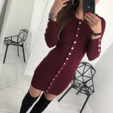 Casual Button Knitted Pure Colour Bodycon Dresses