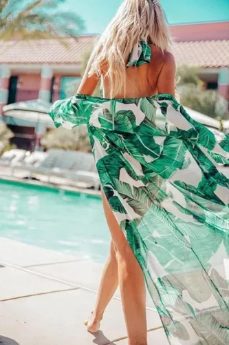 Banana Leaf Printing Chiffon Long Suntan Cardigan
