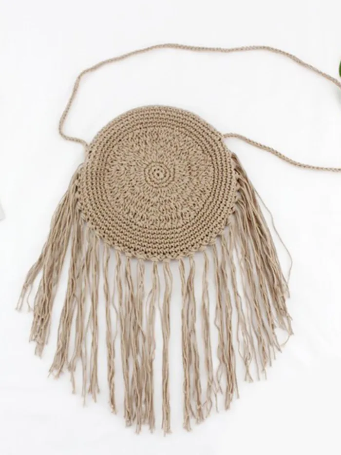 Women Hand-Woven Straw Shoulder Bag Tassel Beach Bag Handbag