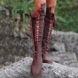 Women PU Booties Casual Lace Up Knee Length Flat Shoes