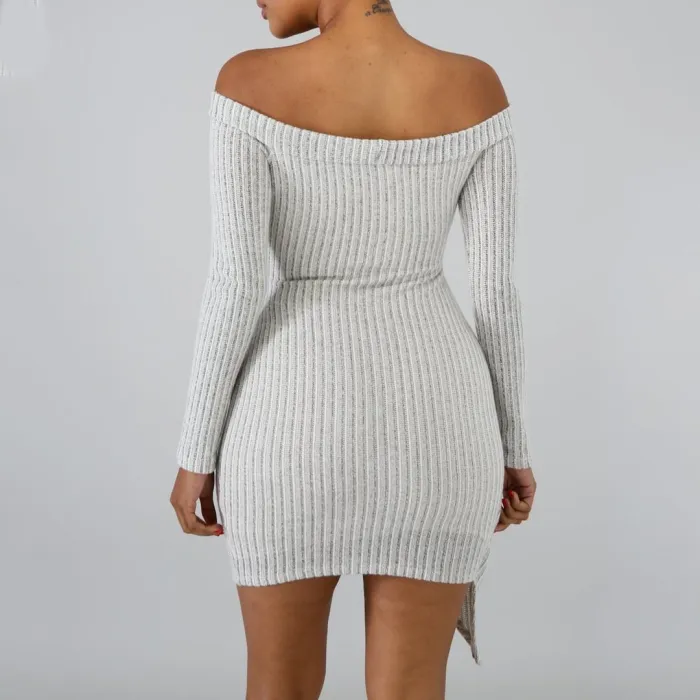 Casual Sexy V Neck Off   The Shoulder Knitted Sweater Mini Dresses