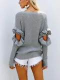 Fashion Pure Colour Ruffled Loose Round Neck Sweater