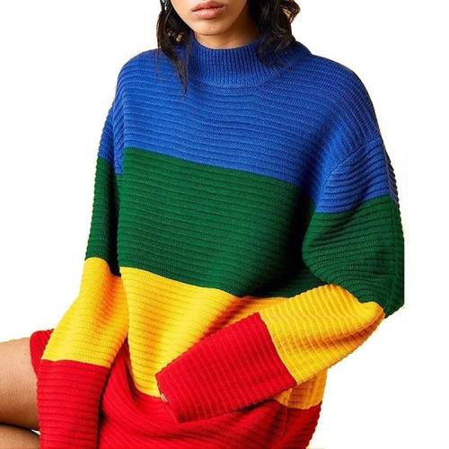 Loose Knitwear Full Sleeve High Collar Rainbow Pullover