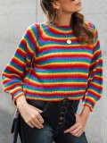 Multicolor Long Sleeve Shift Crew Neck Striped Sweaters