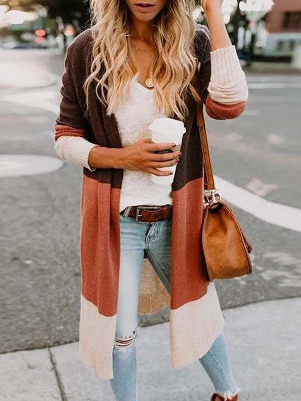 Fashion Color Block Long Sleeve Cardigans