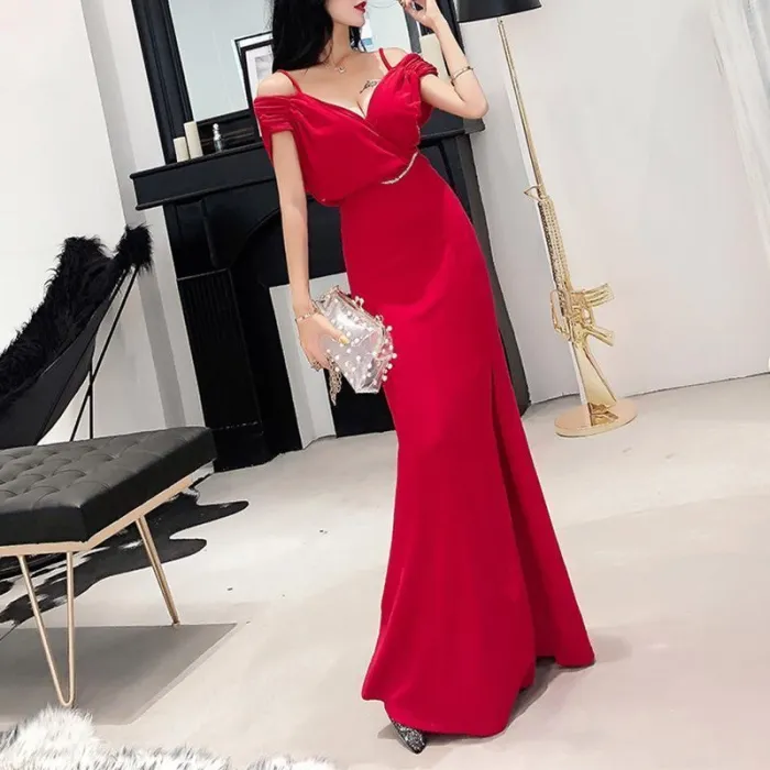 Fashion Elegant V Neck Pure Colour Sling Evening Dress