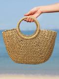 Women's Summer Beach Drawstring Woven Straw Handbag