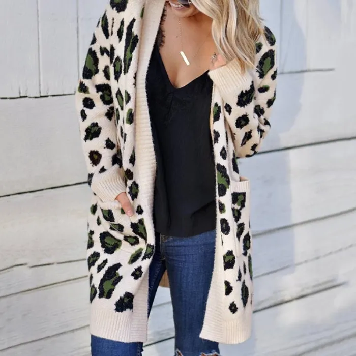 Fashion Leopard Print Pockets Loose Sweater Cardigan