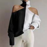 Fashion High Collar Off Shoulder Color Block Sweater