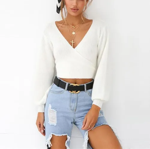Brief V Neck Pure Color Long Sleeve Sweater
