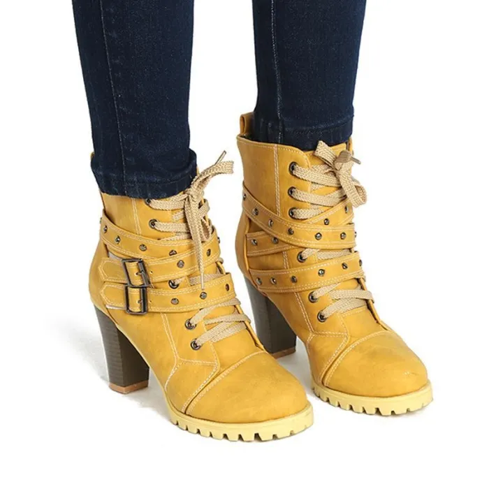 Women Lace Up Booties Casual Comfort Chunky Heel Shoes