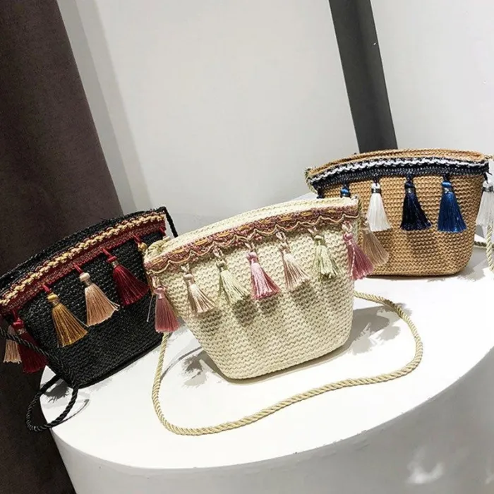 Women Tassel Straw Basket Bag Daytime Beach Shoulder Bags