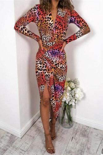 Sexy V Neck Leopard Print Split Bodycon Dresses