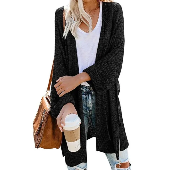 Casual Side Slit Soft Long Sleeve Midi Sweater Cardigan