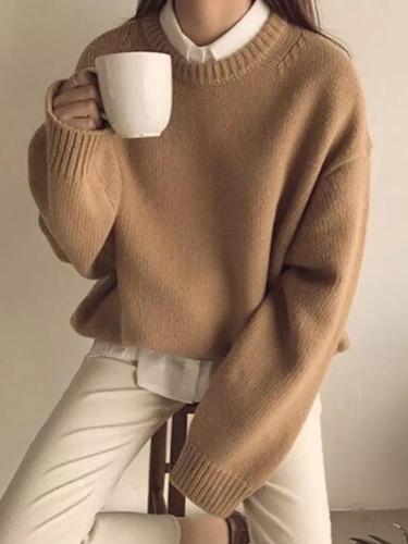 Casual Women Round Neck Long Sleeve Plain Sweater