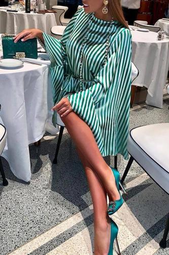 Elegant Stripe Belted Batwing Sleeve Cardigan