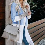 Large Size Stitching Striped Knit Loose Sweater Cardigan Coat