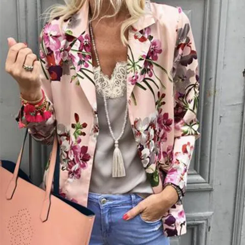 Sweet Turndown Collar Printed Colour Long Sleeve Blazer