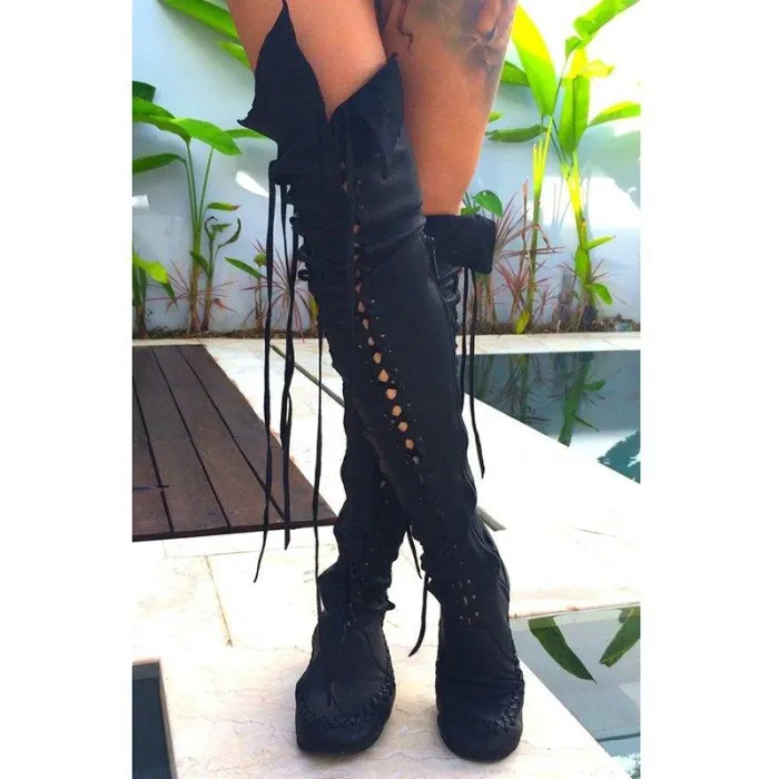 Women PU Booties Casual Lace Up Knee Length Flat Shoes