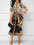 Fold-Over Collar  Abstract Print Bodycon Dress
