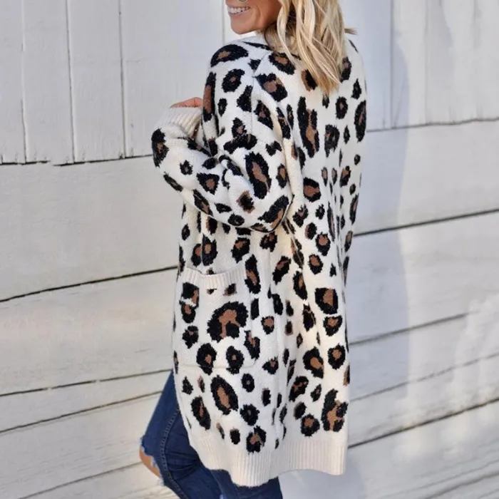 Fashion Leopard Print Pockets Loose Sweater Cardigan