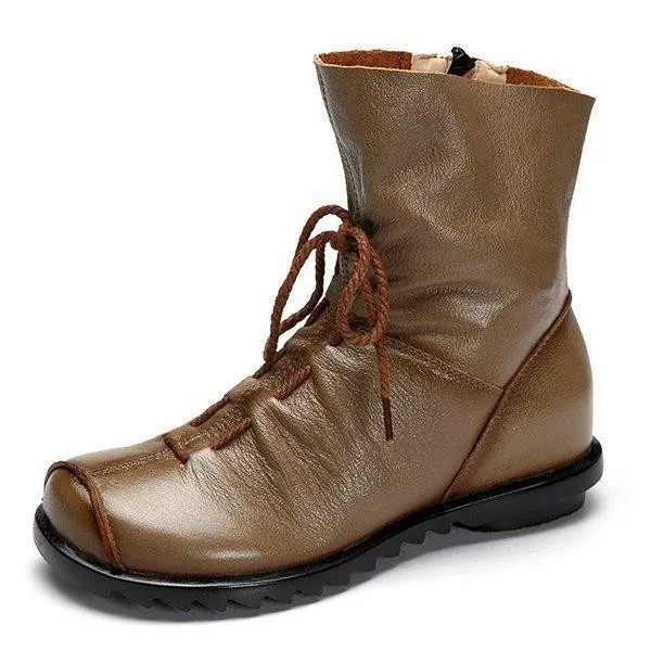 Big Size Pure Color Lace Up Ankle Leather Comfortable Zipper Boots