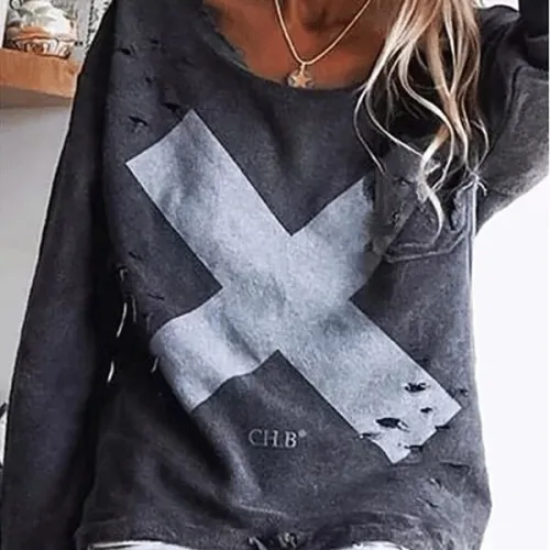 Casual Printed Hole Long Sleeve Knitwear