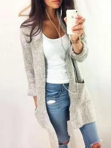 Plain With Pockets Collarless Cardigan