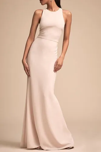 Fashion Bare Back Across Sleeveless Pure Colour Evening Dress