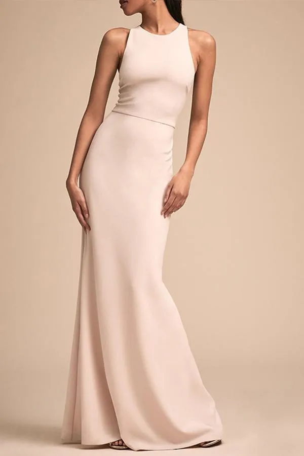 Fashion Bare Back Across Sleeveless Pure Colour Evening Dress