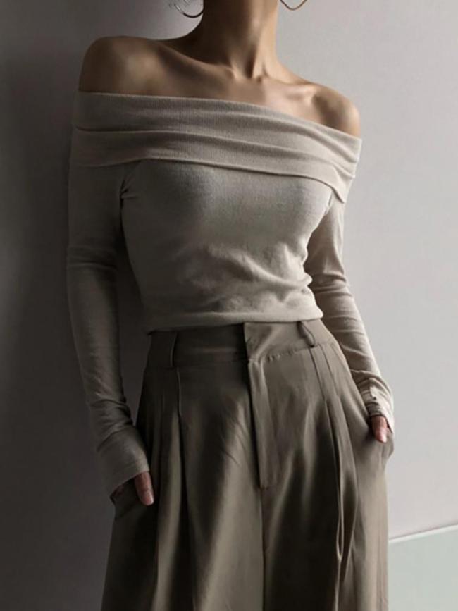 Women's Fashion Boat Neck Long Sleeve Tight Sweater