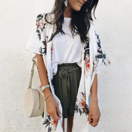 Fashion Casual Short-Sleeved   Printed Long-Sleeve Cardigan Top