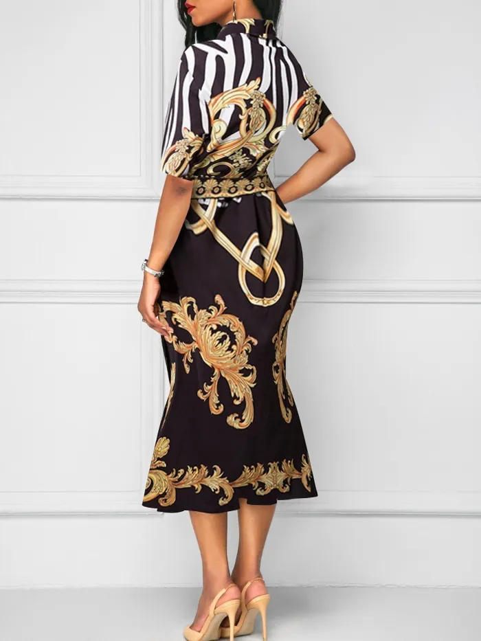 Fold-Over Collar  Abstract Print Bodycon Dress