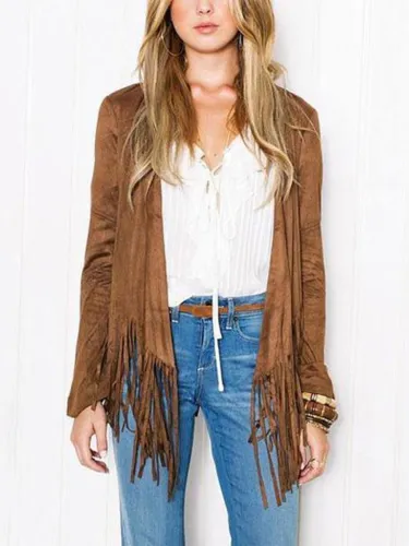 Collarless  Fringe  Plain  Long Sleeve Cardigan