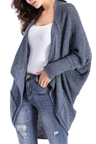 Fashion Asymmetrical Hem Long Batwing Sleeve Pocket Cardigans