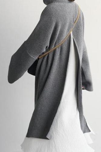 Casual Simple Pure   Color Loose High Collar Knitted Sweater Maxi Dress